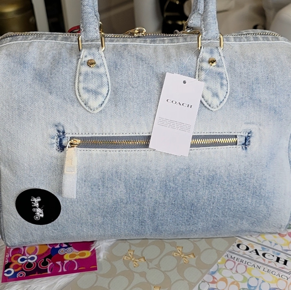 COACH Rowan Large Satchel Bag In Loved Denim With Charms - Picture 6 of 12